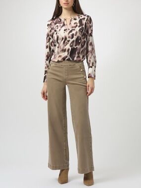 Joseph Ribkoff Animal Print Satin Blouse Size 10 Keyhole Chain Top Neutral